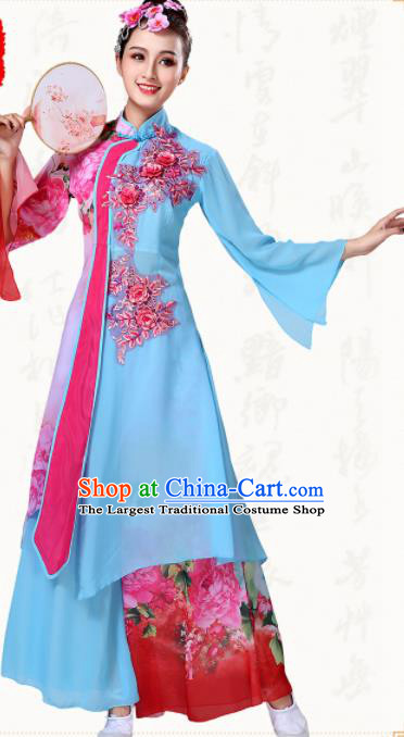 Chinese Traditional Classical Dance Group Dance Blue Dress Umbrella Dance Costumes for Women