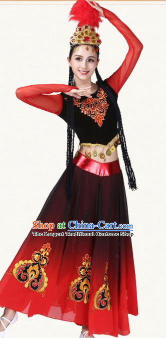 Chinese Traditional Uyghur Minority Dance Red Dress Ethnic Folk Dance Uigurian Costumes for Women