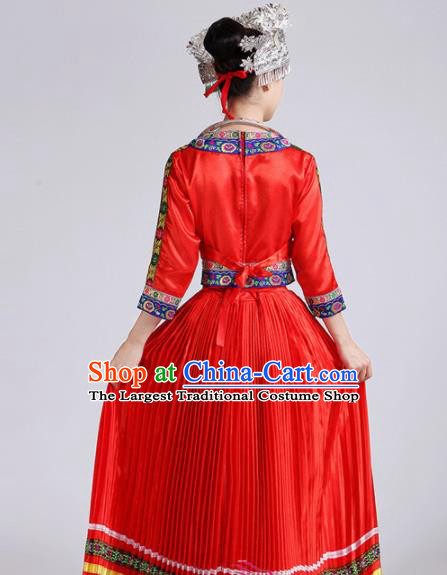 Chinese Miao Ethnic Minority Embroidered Red Dress Traditional Hmong Nationality Folk Dance Costumes for Women