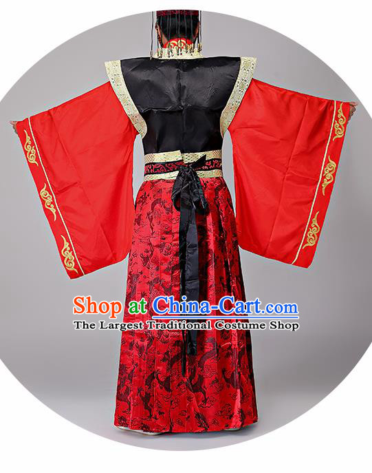 Traditional Chinese Qin Dynasty Drama Costumes Ancient Emperor Imperial Robe and Headwear for Men