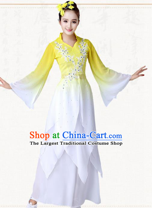 Chinese Traditional Classical Dance Umbrella Dance Yellow Dress Group Dance Costumes for Women