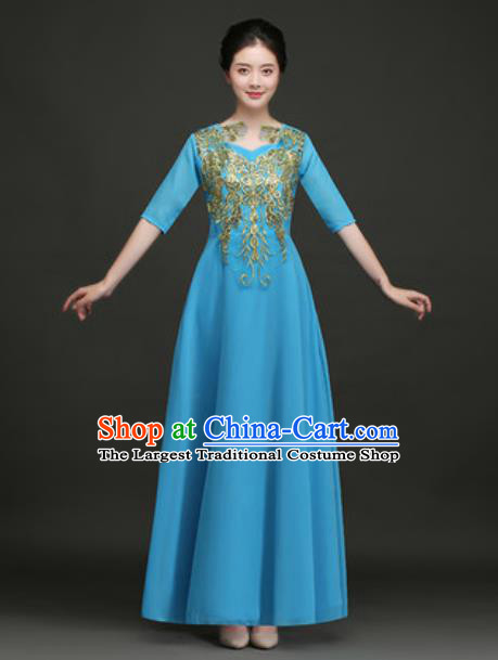 Top Grade Chorus Compere Costume Modern Dance Group Dance Blue Dress for Women