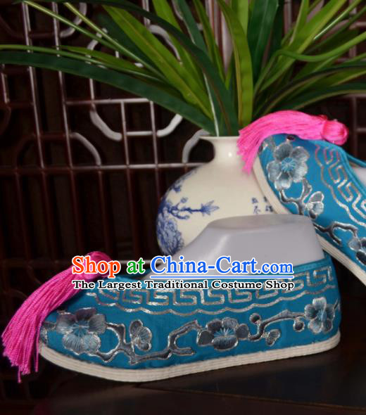 Traditional Chinese Beijing Opera Actress Embroidered Shoes Ancient Princess Blue Hanfu Shoes for Women