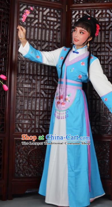 Chinese Ancient Maidservants Embroidered Blue Dress Traditional Peking Opera Actress Costumes for Adults