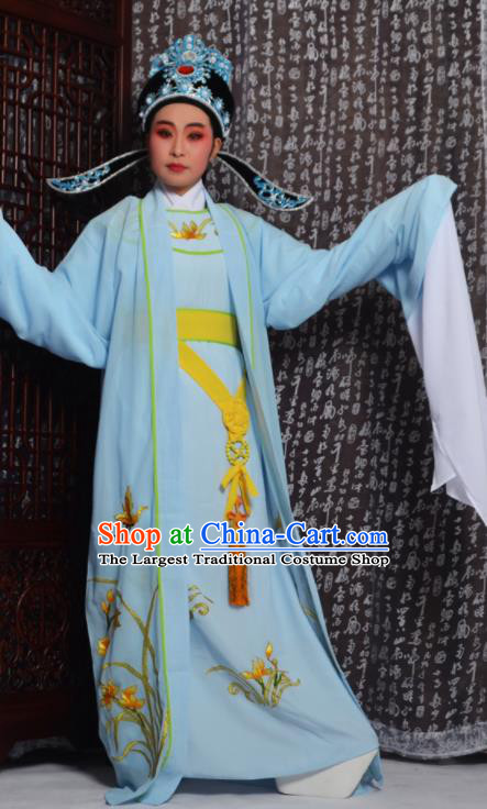 Professional Chinese Peking Opera Niche Costumes Embroidered Orchid Blue Clothing for Adults