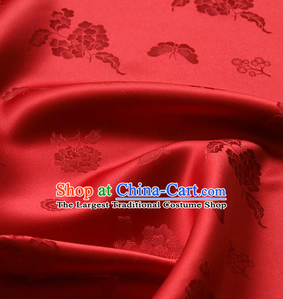 Traditional Asian Classical Peony Butterfly Pattern Red Brocade Cloth Drapery Korean Hanbok Palace Satin Silk Fabric