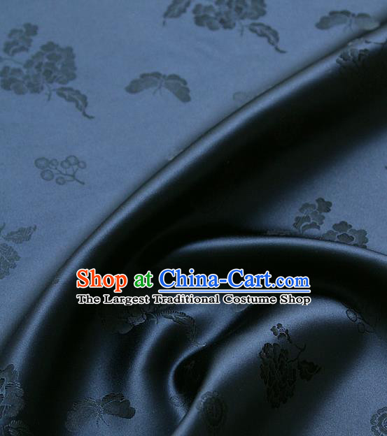 Traditional Asian Classical Peony Butterfly Pattern Navy Brocade Cloth Drapery Korean Hanbok Palace Satin Silk Fabric