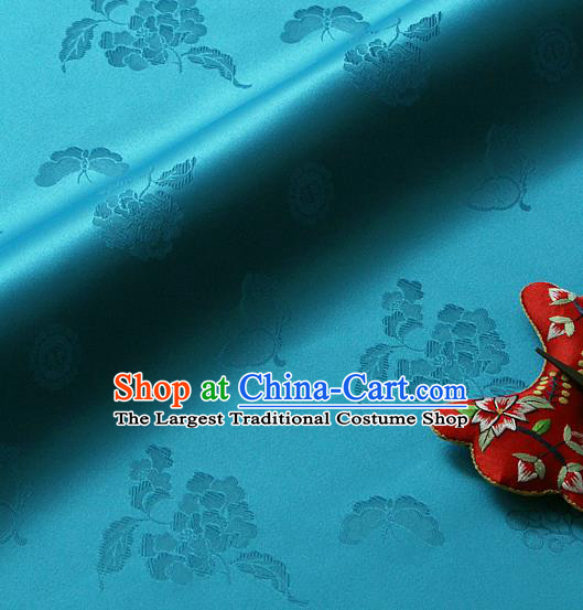 Traditional Asian Classical Peony Butterfly Pattern Blue Brocade Cloth Drapery Korean Hanbok Palace Satin Silk Fabric