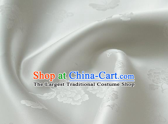 Traditional Asian Classical Peony Butterfly Pattern White Brocade Cloth Drapery Korean Hanbok Palace Satin Silk Fabric