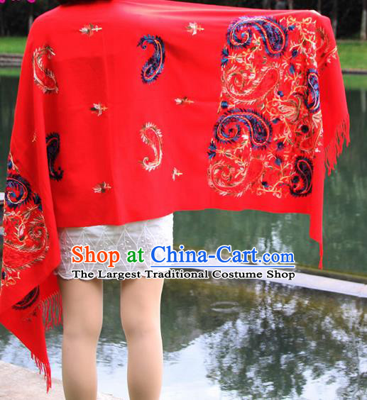 Chinese Traditional Embroidered Scarf Yunnan National Red Wool Cloak for Women