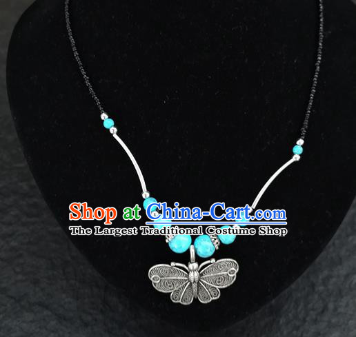 Chinese Traditional Jewelry Accessories Yunnan National Butterfly Pendant Blue Beads Necklace for Women