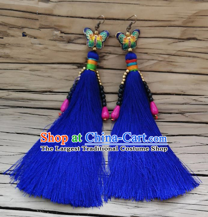 Chinese Traditional Embroidered Butterfly Earrings Yunnan National Royalblue Tassel Eardrop for Women