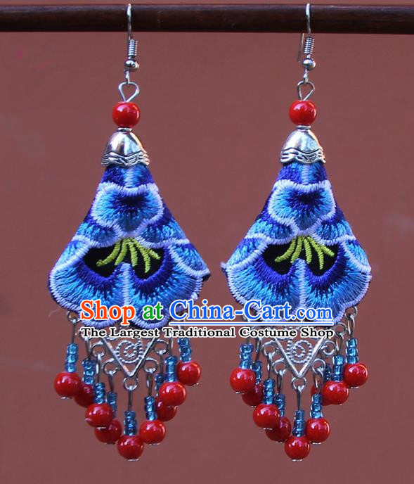 Chinese Traditional Embroidered Blue Peony Earrings Yunnan National Tassel Eardrop for Women