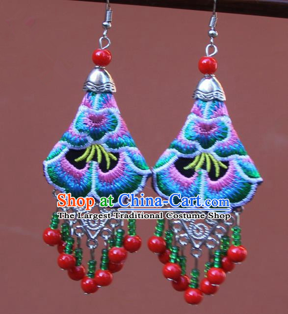 Chinese Traditional Embroidered Green Peony Earrings Yunnan National Tassel Eardrop for Women