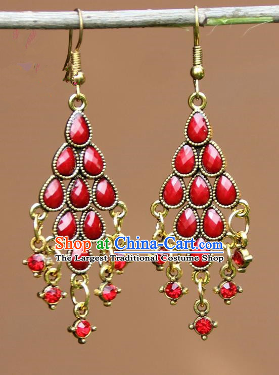 Chinese Traditional Red Crystal Earrings Yunnan National Minority Ear Accessories for Women