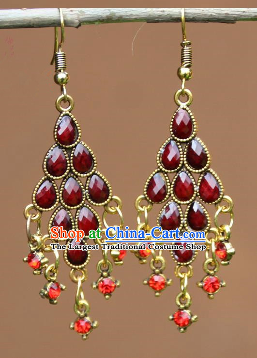 Chinese Traditional Wine Red Crystal Earrings Yunnan National Minority Ear Accessories for Women