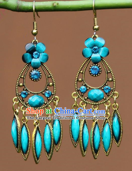 Chinese Traditional Blue Flower Earrings Yunnan National Minority Ear Accessories for Women