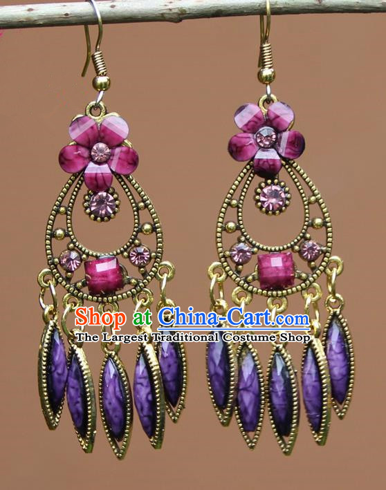 Chinese Traditional Purple Flower Earrings Yunnan National Minority Ear Accessories for Women
