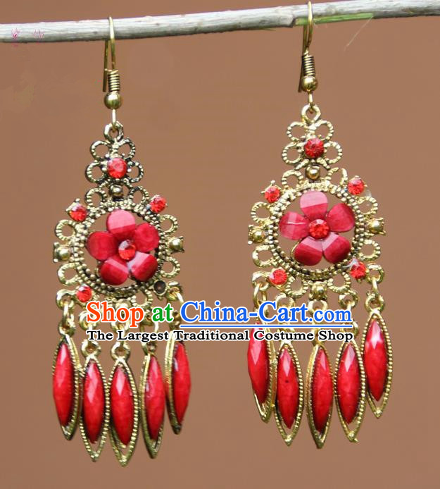 Chinese Traditional Red Flower Tassel Earrings Yunnan National Minority Ear Accessories for Women