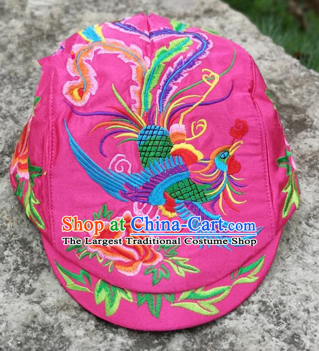 Chinese Traditional Embroidered Phoenix Peony Yunnan Dai Minority Pink Cap for Women