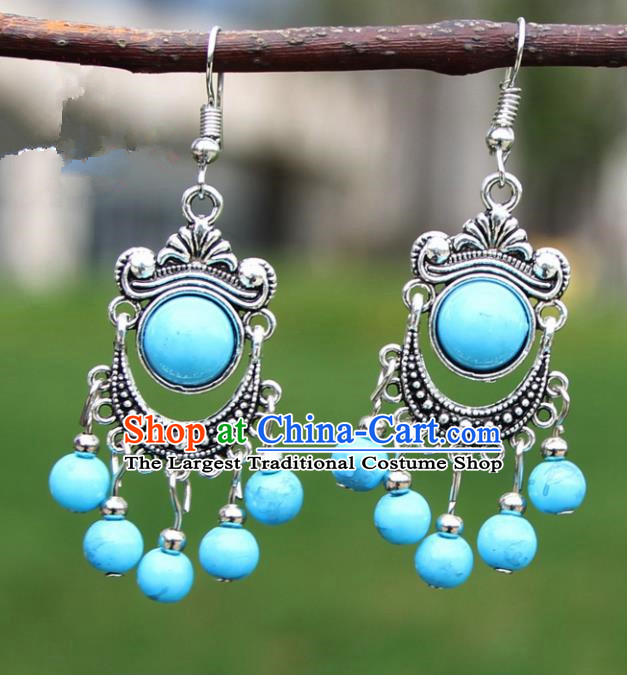Chinese Traditional Blue Beads Tassel Earrings Yunnan National Minority Ear Accessories for Women