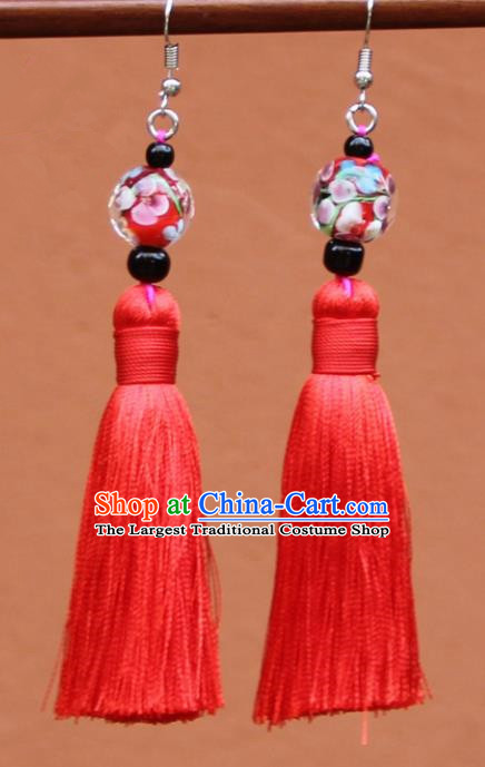 Chinese Traditional Red Tassel Earrings Yunnan National Minority Colored Glaze Eardrop for Women