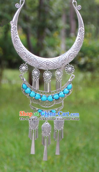 Chinese Traditional Ethnic Accessories Yunnan Miao Minority Exaggerated Blue Necklace for Women