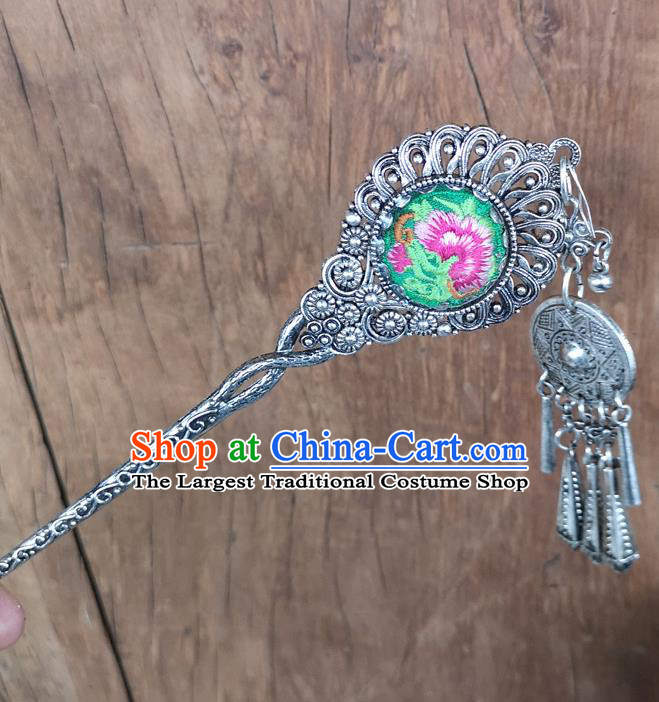 Chinese Traditional Ethnic Hair Accessories Ancient Embroidered Peony Green Hairpins for Women