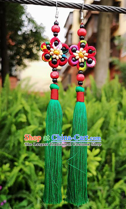 Chinese Traditional Ethnic Earrings Yunnan National Green Tassel Ear Accessories for Women