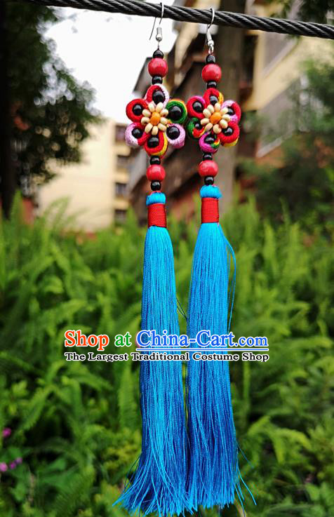Chinese Traditional Ethnic Earrings Yunnan National Blue Tassel Ear Accessories for Women