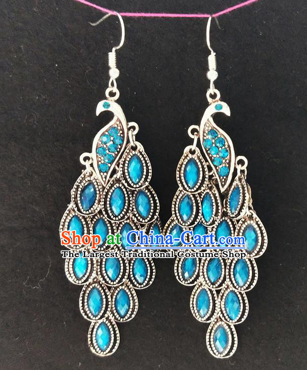 Chinese Traditional Ethnic Earrings Yunnan National Blue Crystal Peacock Ear Accessories for Women