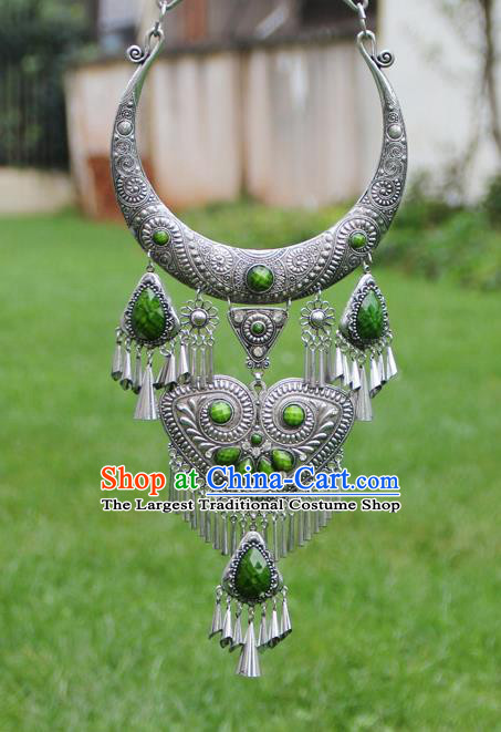Chinese Traditional Yunnan Miao Minority Carving Sliver Green Necklace Ethnic Tassel Accessories for Women