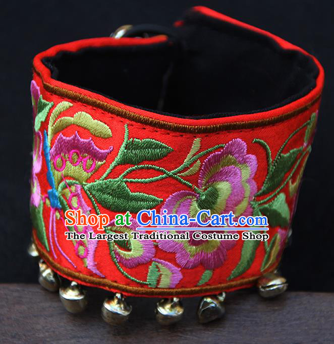 Chinese Traditional Ethnic Wrist Accessories Miao Nationality Embroidered Red Bracelet for Women