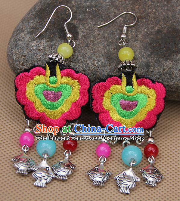 Chinese Traditional Ethnic Rosy Embroidered Earrings National Ear Accessories for Women