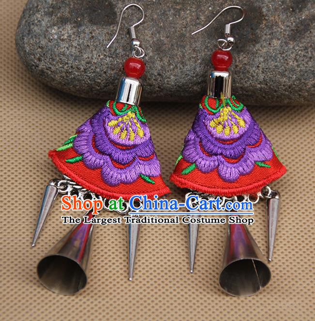 Chinese Traditional Ethnic Embroidered Purple Peony Earrings National Ear Accessories for Women