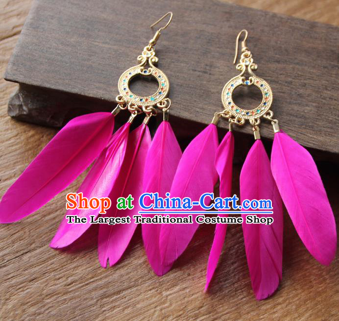Chinese Traditional Ethnic Rosy Feather Earrings National Ear Accessories for Women