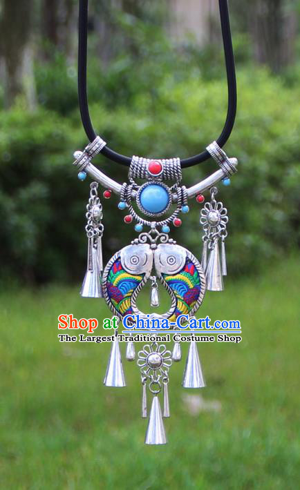 Chinese Traditional Minority Embroidered Blue Double Fishes Necklace Ethnic Folk Dance Accessories for Women