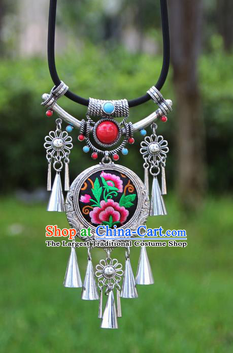 Chinese Traditional Minority Embroidered Peony Black Necklace Ethnic Folk Dance Accessories for Women