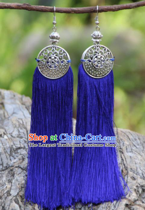 Chinese Traditional Ethnic Bride Earrings National Royalblue Tassel Ear Accessories for Women