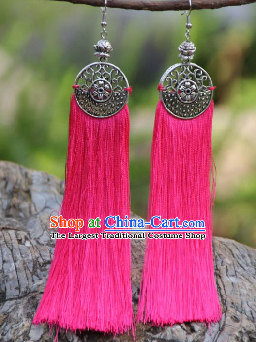 Chinese Traditional Ethnic Bride Earrings National Pink Tassel Ear Accessories for Women