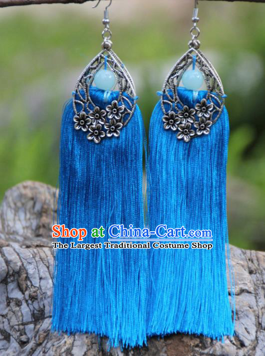 Chinese Traditional National Ethnic Bride Earrings Blue Tassel Ear Accessories for Women