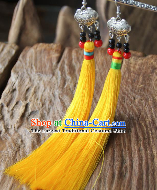 Chinese Traditional Ethnic Golden Tassel Longevity Lock Earrings National Ear Accessories for Women