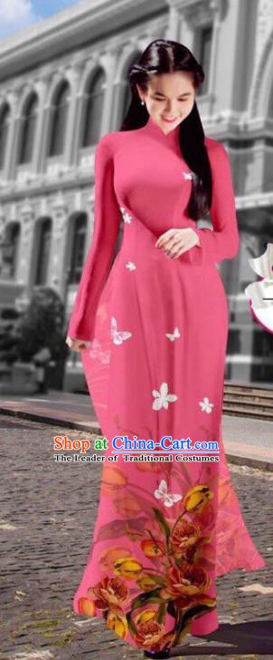 Asian Vietnam Costume Vietnamese Trational Dress Printing Pink Ao Dai Cheongsam Clothing for Women