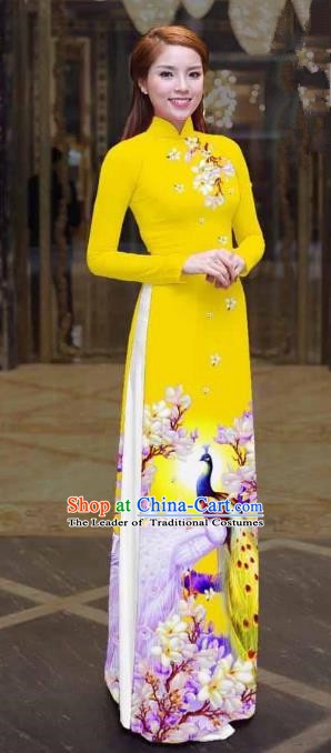 Asian Vietnam Palace Costume Vietnamese Trational Dress Printing Peacock Yellow Ao Dai Cheongsam Clothing for Women