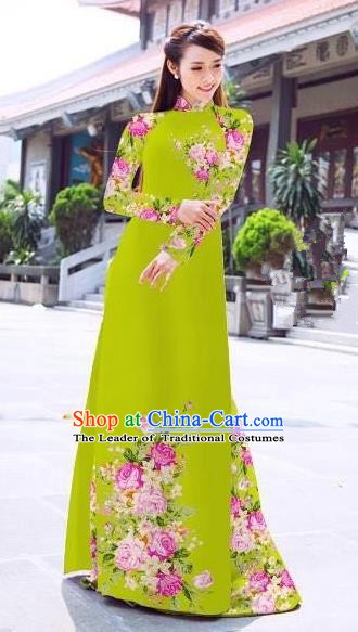 Asian Vietnam Palace Costume Vietnamese Trational Dress Printing Rose Light Green Ao Dai Cheongsam Clothing for Women