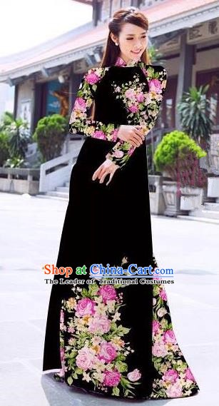 Asian Vietnam Palace Costume Vietnamese Trational Dress Printing Rose Black Ao Dai Cheongsam Clothing for Women