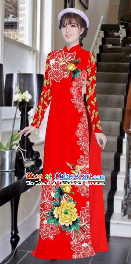 Asian Vietnam National Costume Vietnamese Bride Trational Dress Printing Peony Red Ao Dai Cheongsam for Women