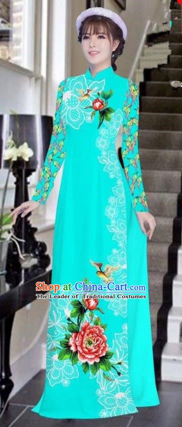 Asian Vietnam National Costume Vietnamese Bride Trational Dress Printing Peony Lake Blue Ao Dai Cheongsam for Women