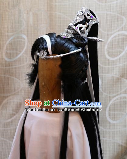 China Ancient Tang Dynasty Cosplay Swordsman Wig and Hair Accessories Wiggery