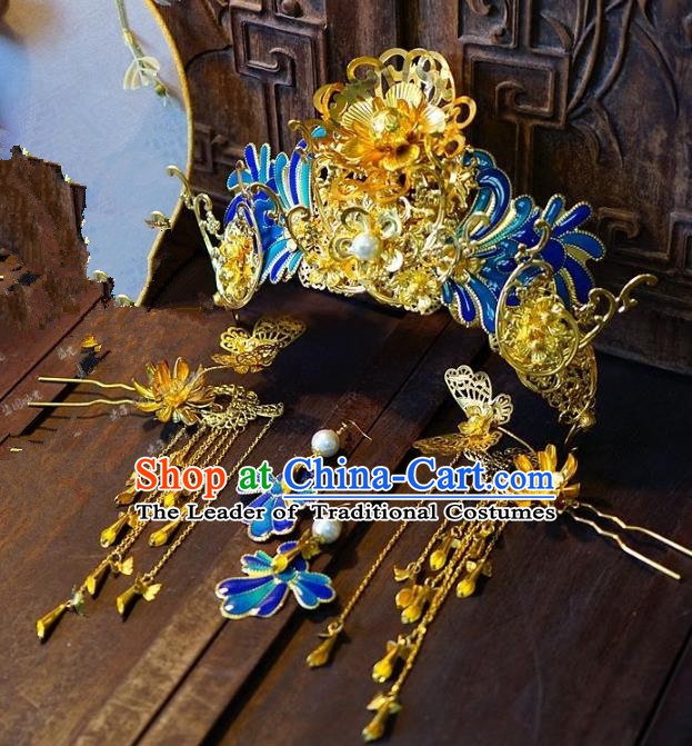 Chinese Handmade Classical Hair Accessories Hair Clip Ancient Blueing Hairpins Complete Set for Women